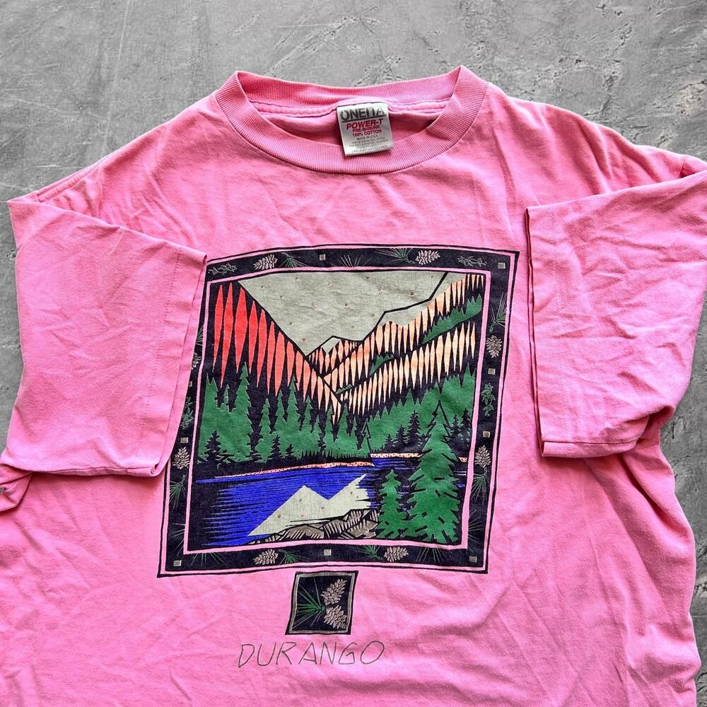 Oneita vintage 90s single stitch Durango Colorado pink mountain tee shirt